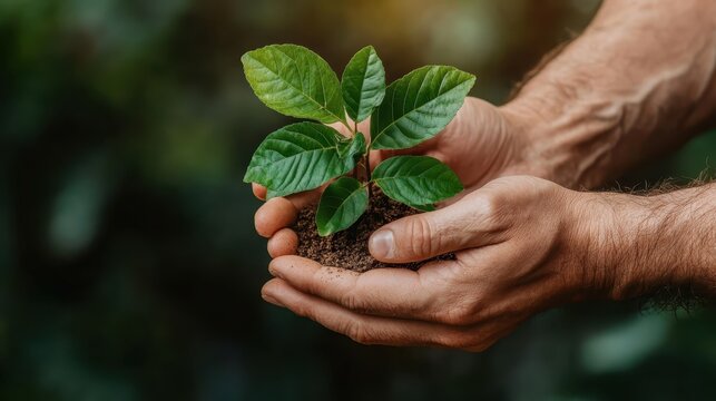 Fototapeta This close-up image presents hands gently holding a small green plant in rich soil, emphasizing themes of growth, care, and environmental responsibility.