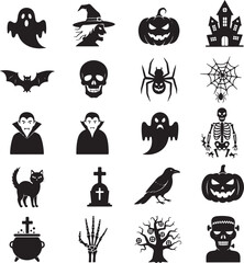 Fototapeta premium Black and White Halloween Icons Set Collection of Spooky Symbols Ghosts Pumpkins Bats Skeletons Witches Graveyard Crosses Spiders