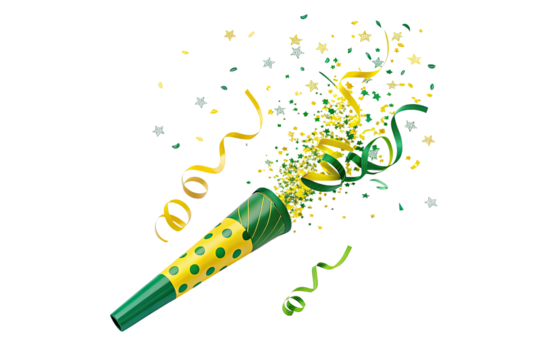 A party popper exploding with yellow and green confetti and streamers on a black background scene view