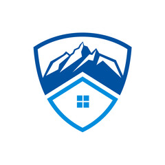 House and mountain inside the shield protection vector logo