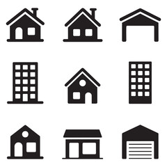 Fototapeta premium Diverse Architectural Icons A Collection of Houses Buildings and Garage Symbols Representing Real Estate and Urban Landscape Elements