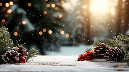A serene winter scene showcasing snow-covered pine branches and glimmering Christmas ornaments set against a soft-focused snowy backdrop with warm bokeh lights.