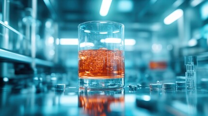 A glass filled with a fizzy orange drink sits in a modern lab environment, showcasing elements of innovation and contemporary design that evoke curiosity.