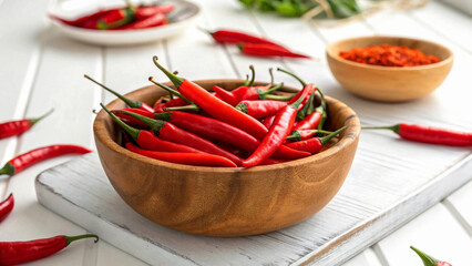 Red Chili in bowl on white table, Red Chilies in bowl in kitchen