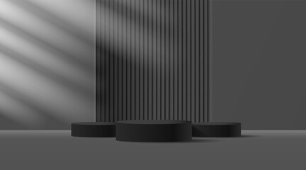 3D product Minimal display stand, black circle on gray background. Abstract geometric shapes in a simple design. Fashion stage mockup scene. Studio product display stand. Product advertising stand