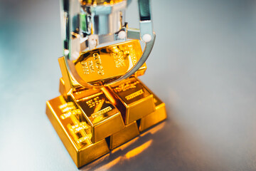 A robotic arm selecting stacked gold bars symbolizes the use of AI in investment to minimize risk and maximize profit.