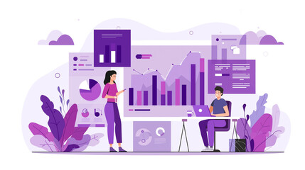 Modern Data Analytics and Teamwork Illustration with Charts on Transparent Background