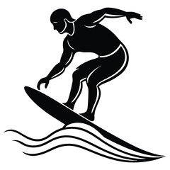 Black Silhouette Surfer Riding Ocean Wave Stylized Surfing Graphic Design vector