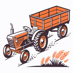 Obraz premium Vintage tractor illustration with wagon on rural road in minimalist style