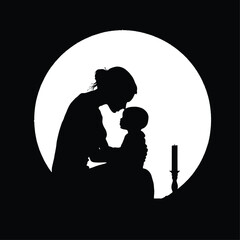 Emotive Silhouette Illustration Depicting a Tender Moment Between an Adult and Child&mdash;The Two Figures Facing Each Other Within a Large Circular Light Source (Possibly the Moon or Lamp),