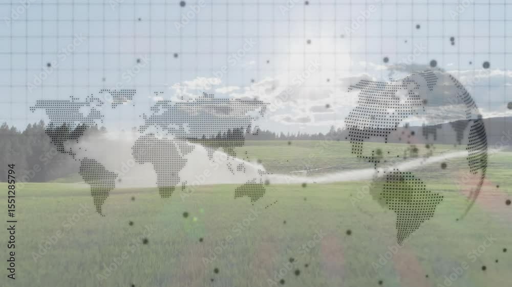 Poster grid forming triggers map fading, globe rotating and dots drifting to show global links over field