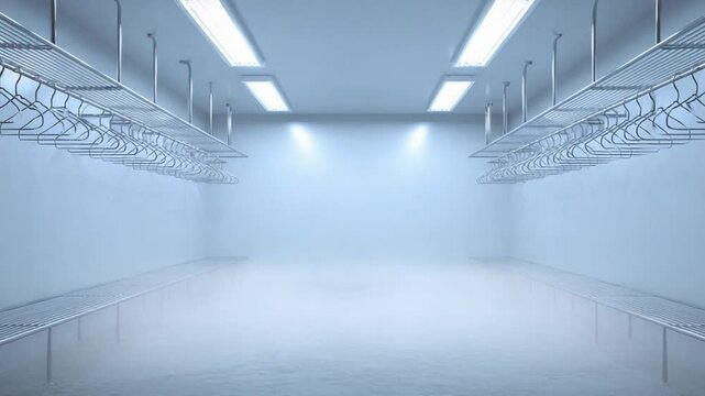 Empty Room with Metal Shelving: A minimalist interior design of a bright, empty room featuring sleek metal shelving units, creating a clean and spacious atmosphere.