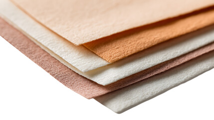 Stack of soft textured fabric sheets in pastel peach cream and brown colors isolated on transparent background