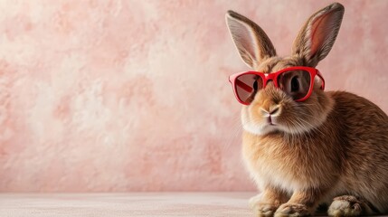 A cute rabbit wearing stylish red sunglasses poses against a soft pink backdrop, blending whimsy with fashion, ideal for fun and playful imagery that delights viewers.