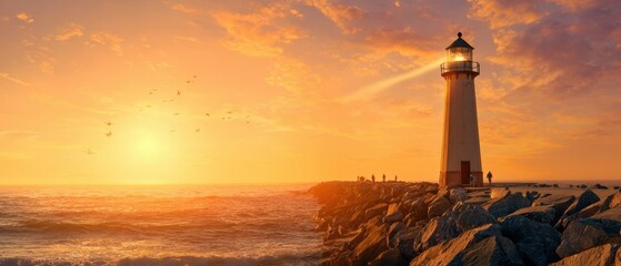 The stunning lighthouse guiding ships under a breathtaking sunset landscape.