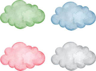 Whimsical Watercolor Cloud Clip Art Set for Nursery Designs - Cute Colorful Clouds Illustration Isolated on White Background