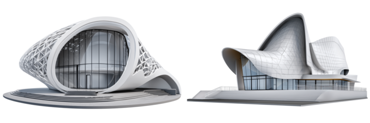 Set of a modern museum with futuristic architecture, isolated on a transparent background.