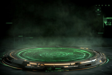 Futuristic holographic interface floating in a high-tech environment with glowing effects