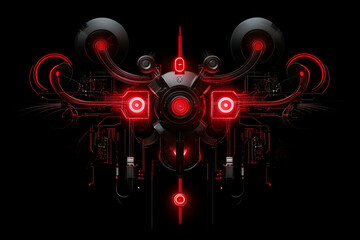 Futuristic neon circuit design glowing in red with intricate patterns and glowing elements