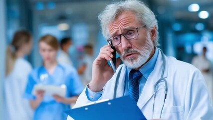 Doctor's Urgent Communication: A seasoned doctor, immersed in a critical phone call, holds a medical chart in a well-lit hospital corridor. - Powered by Adobe
