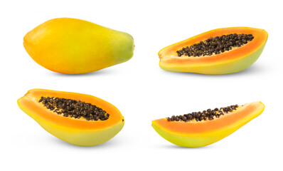 Collection of ripe papaya fruit and two halves and a slice with seeds isolated. Not AI, retouched photos.