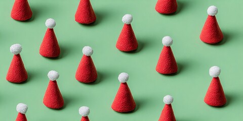 A seamless pattern of red Santa hats with white pom-poms on a green background. Festive endless Christmas background