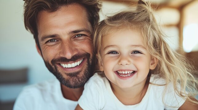 A heartwarming moment between a joyful father and his daughter as they share smiles and laughter, symbolizing love, unity, and the beautiful bond in a loving family setting.