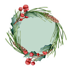 Botanical watercolor wreath on a colored background. Hand-drawn fir branches, cones, twigs with red berries. Design for postcards, invitations, gifts.