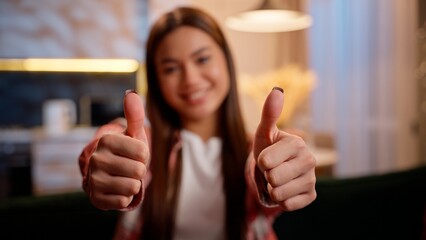 Smiling woman at evening home domestic weekend night apartment Caucasian cheerful happy girl female...