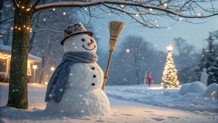 Obraz premium Charming Snowman with Broom, Festive Winter Night, Christmas Lights, Snowfall