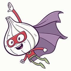Obraz premium Whimsical superheroic garlic character soaring through the sky on a light backdrop