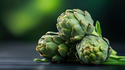 Fototapeta premium A breathtaking close-up of fresh artichokes highlighting their unique textures and green hues, ideal for evoking a sense of freshness and natural beauty.
