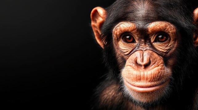 A close-up image of a contemplative chimpanzee in low light reveals the intricate details of its face, showcasing intelligence, emotional depth, and the beauty of wildlife. - Powered by Adobe