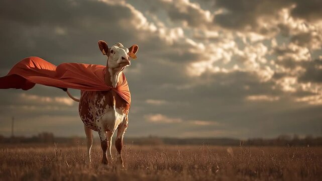 Super Cow: A young calf, adorned in a flowing red cape, stands defiantly in a dramatic, windswept field under a brooding sky.  The image evokes a sense of whimsical heroism and unexpected power.