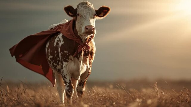 Super Cow with Red Cape: A strong cow, confidently stands tall in a field, adorned with a flowing red cape, radiating strength and resilience under warm sunlight. 