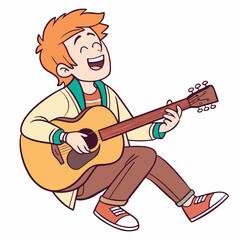Cheerful cartoon illustration of a young man enjoying playing acoustic guitar