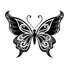 Elegant Tribal Butterfly Tattoo Vector – Ornate Black Insect Design with Swirls and Patterns | Feminine Winged Art for Apparel, Stickers, Prints, Logos


