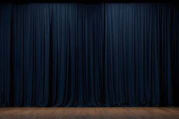 Dark Blue Theater Curtain on Wooden Stage Background