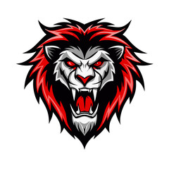 Fototapeta premium Fierce Red Mane Lion Head Logo Vector – Aggressive Roaring Beast Mascot Design | Bold Wild Animal Illustration for Apparel, Stickers, Prints, eSports Logos