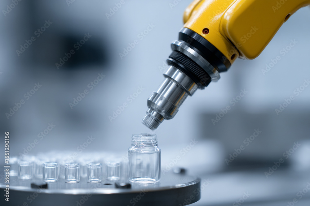 Poster robotic arm handling glass vial in laboratory, precision automation, advanced technology, sterile en