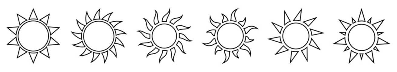 Collection of sun icons in black outline style. Perfect for weather apps, minimal designs, nature themes, and decorative elements. Icons, vector, symbols.