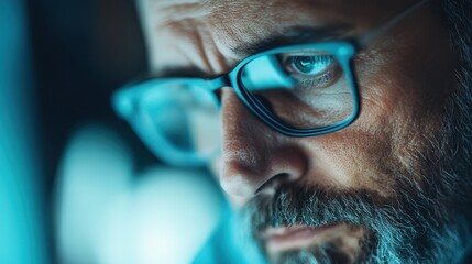 A focused man wearing glasses gazes intently at a screen, revealing concentration and depth in a creatively lit study environment, symbolizing dedication and thoughtfulness.
