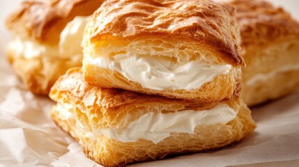 This mouth-watering image features a stack of flaky pastries filled with luscious cream, ideal for dessert lovers and a treat for any occasion, adding sweetness to life.