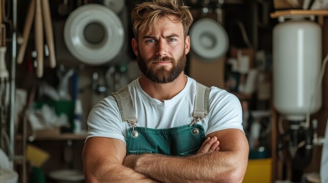 A strong, bearded male carpenter stands with arms crossed in a bustling workshop. His confident demeanor reflects skill and expertise in woodworking and craftsmanship.
