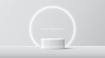 3D product display stand. White geometric platform on grey technology background. Abstract geometric shapes in a simple design. Fashion stage mockup scene. Studio product display. Hi tech digital