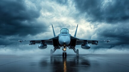 A powerful image of a fighter jet poised for takeoff, surrounded by dramatic storm clouds, symbolizing strength, power, and the thrilling world of aviation.