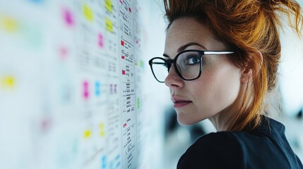 A focused woman with glasses, observing a work progress wall, reflecting determination and contemplation, perfect for themes of productivity, planning, and professional aspirations.