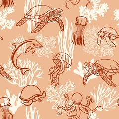 Summer vibe, underwater world. Seamless pattern in flat cartoon style for branding, advertising, printing. Life of the sea, ocean in bright sunny colors.
