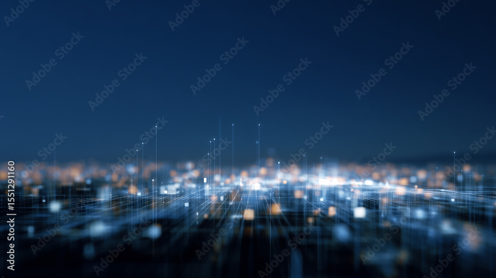 Poster abstract cityscape illuminated by data streams, futuristic digital network, glowing blue lights, mod