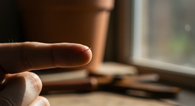 Close-up of finger with splinter pointing at window with tools  
